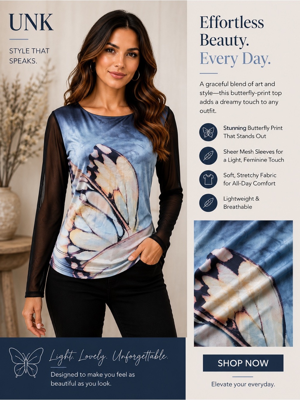 Unk Blue and Black Butterfly-Print Long Sleeve Top